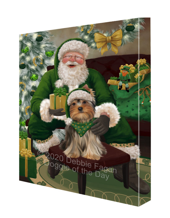 Christmas Irish Santa with Gift and Yorkshire Terrier Dog Canvas Print Wall Art Décor CVS148220