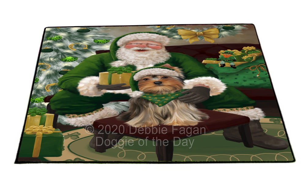 Christmas Irish Santa with Gift and Yorkshire Terrier Dog Indoor/Outdoor Welcome Floormat - Premium Quality Washable Anti-Slip Doormat Rug FLMS57331