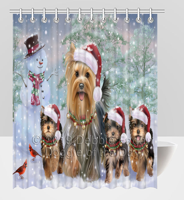 Christmas Running Fammily Yorkshire Dogs Shower Curtain