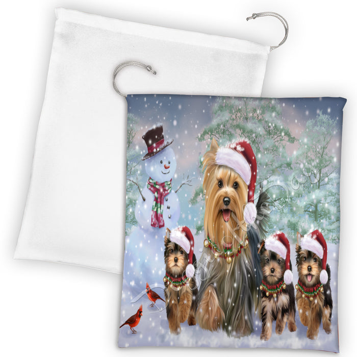 Christmas Running Fammily Yorkshire Terrier Dogs Drawstring Laundry or Gift Bag LGB48261