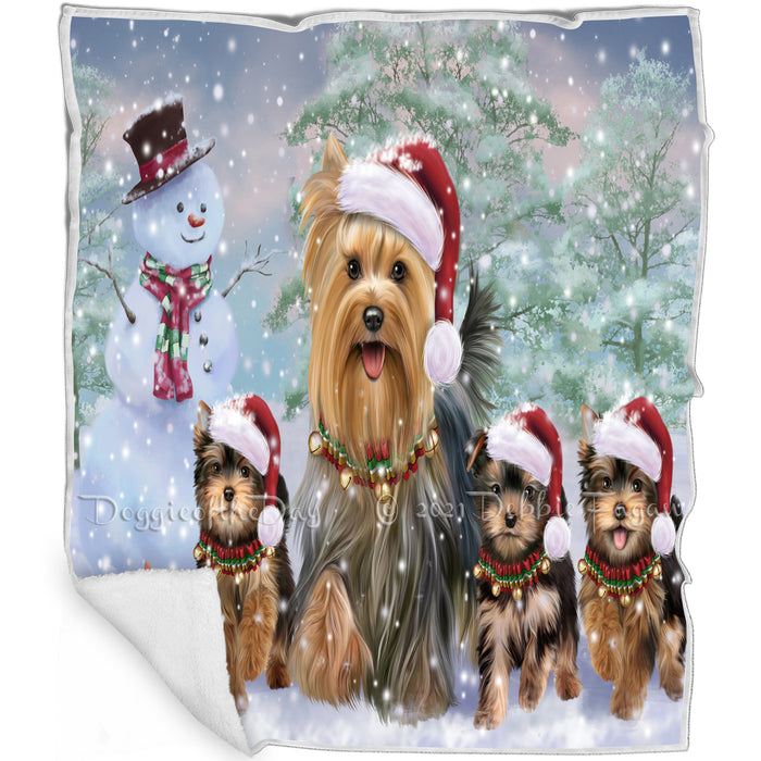 Christmas Running Family Dogs Yorkshire Terriers Dog Blanket BLNKT105402