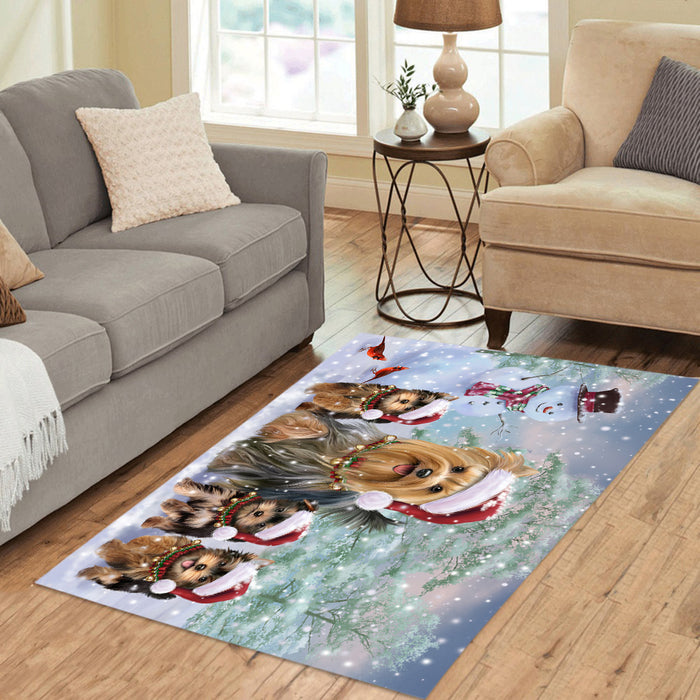Christmas Running Fammily Yorkshire Dogs Area Rug