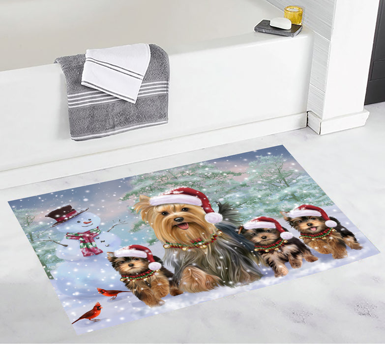 Christmas Running Fammily Yorkshire Dogs Bath Mat