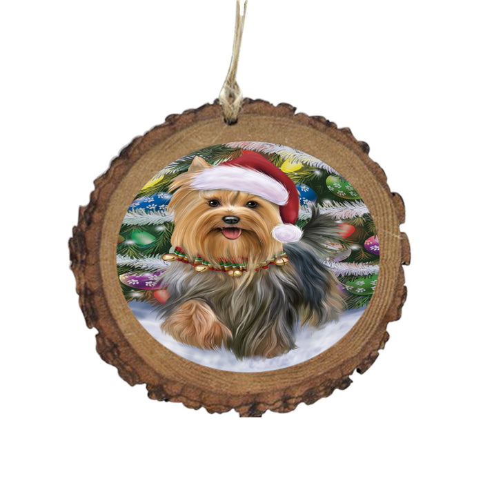 Trotting in the Snow Yorkshire Terrier Dog Wooden Christmas Ornament WOR49471