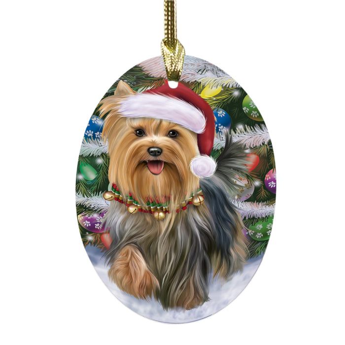 Trotting in the Snow Yorkshire Terrier Dog Oval Glass Christmas Ornament OGOR49471
