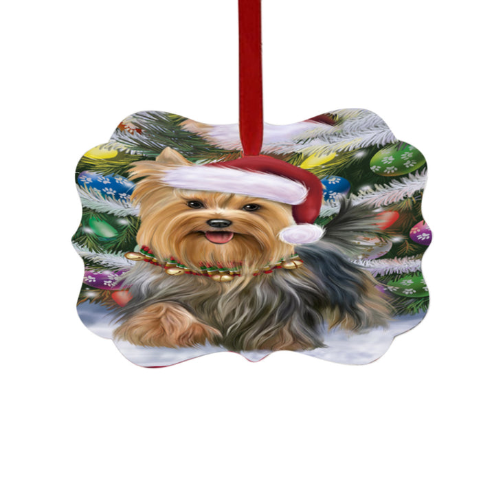 Trotting in the Snow Yorkshire Terrier Dog Double-Sided Photo Benelux Christmas Ornament LOR49471
