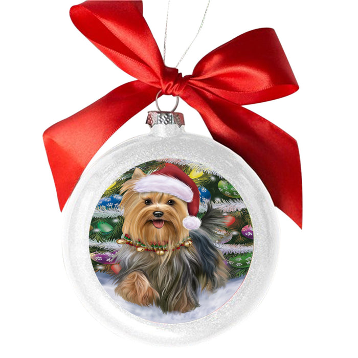 Trotting in the Snow Yorkshire Terrier Dog White Round Ball Christmas Ornament WBSOR49471