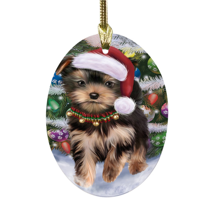Trotting in the Snow Yorkshire Terrier Dog Oval Glass Christmas Ornament OGOR49472