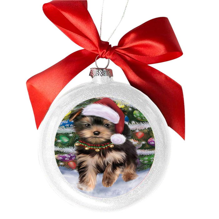 Trotting in the Snow Yorkshire Terrier Dog White Round Ball Christmas Ornament WBSOR49472
