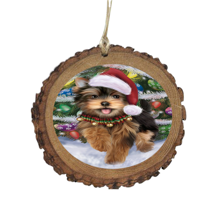 Trotting in the Snow Yorkshire Terrier Dog Wooden Christmas Ornament WOR49473
