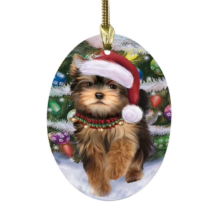Trotting in the Snow Yorkshire Terrier Dog Oval Glass Christmas Ornament OGOR49474
