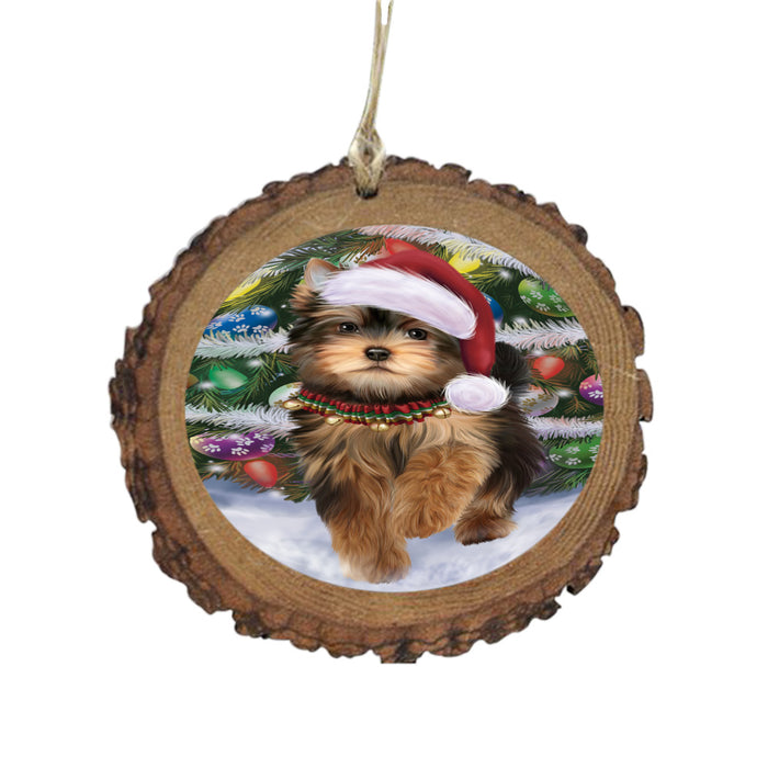Trotting in the Snow Yorkshire Terrier Dog Wooden Christmas Ornament WOR49474
