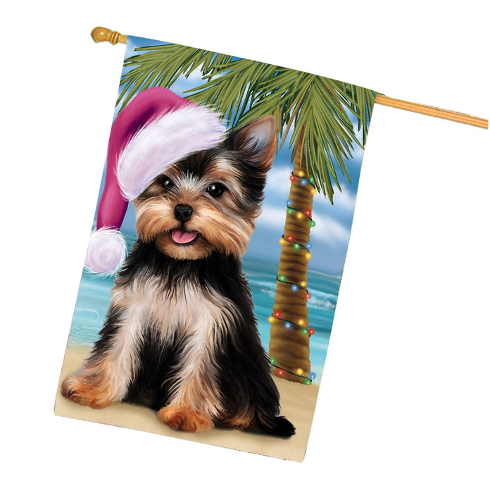 Christmas Summertime Beach Yorkshire Terrier Dog House Flag Outdoor Decorative Double Sided Pet Portrait Weather Resistant Premium Quality Animal Printed Home Decorative Flags 100% Polyester FLG68815