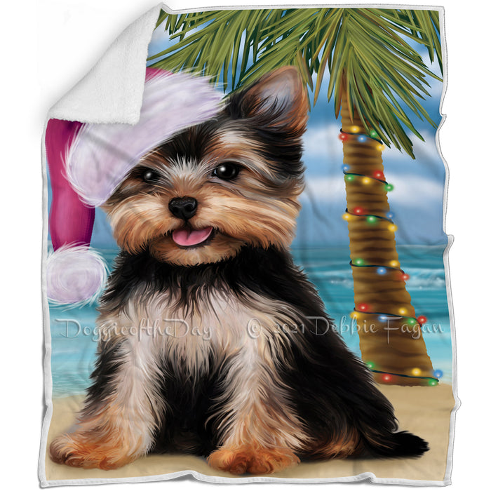 Summertime Happy Holidays Christmas Yorkshire Terrier Dog on Tropical Island Beach Blanket D151
