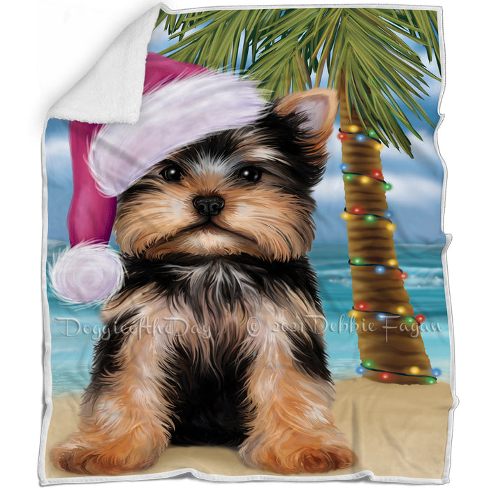 Summertime Happy Holidays Christmas Yorkshire Terrier Dog on Tropical Island Beach Blanket D152