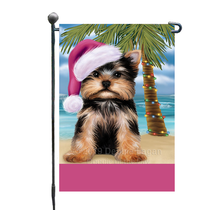 Personalized Summertime Happy Holidays Christmas Yorkshire Terrier Dog on Tropical Island Beach  Custom Garden Flags GFLG-DOTD-A60556