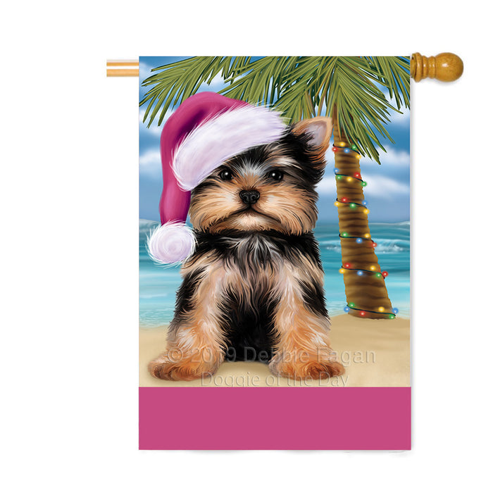 Personalized Summertime Happy Holidays Christmas Yorkshire Terrier Dog on Tropical Island Beach Custom House Flag FLG-DOTD-A60612