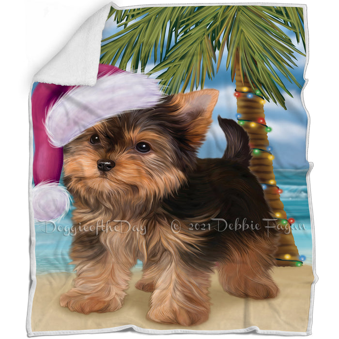 Summertime Happy Holidays Christmas Yorkshire Terrier Puppy Dog on Tropical Island Beach Blanket D153