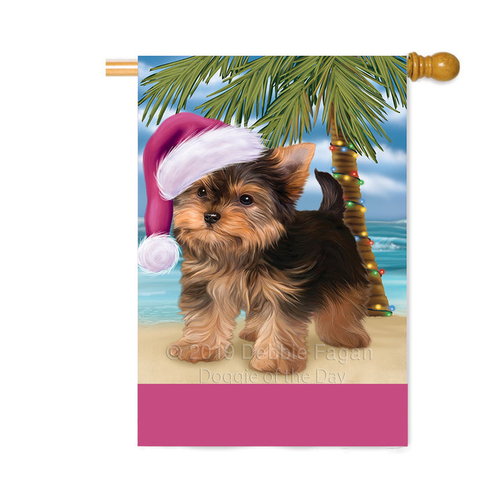 Personalized Summertime Happy Holidays Christmas Yorkshire Terrier Dog on Tropical Island Beach Custom House Flag FLG-DOTD-A60613