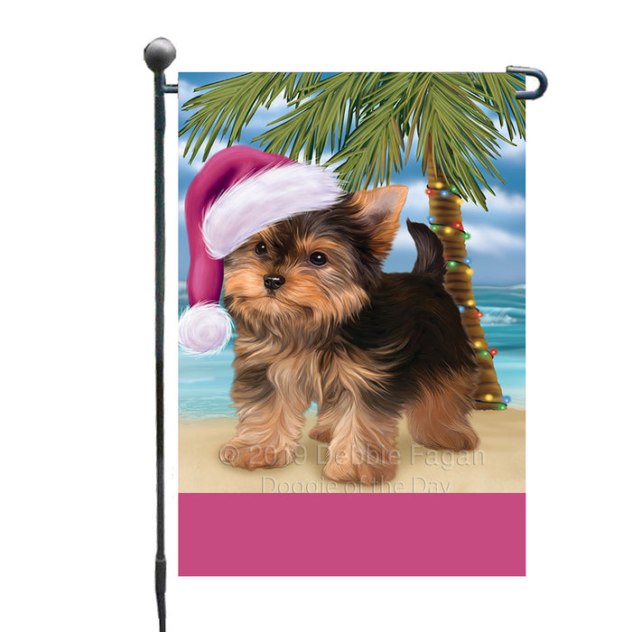Personalized Summertime Happy Holidays Christmas Yorkshire Terrier Dog on Tropical Island Beach  Custom Garden Flags GFLG-DOTD-A60557