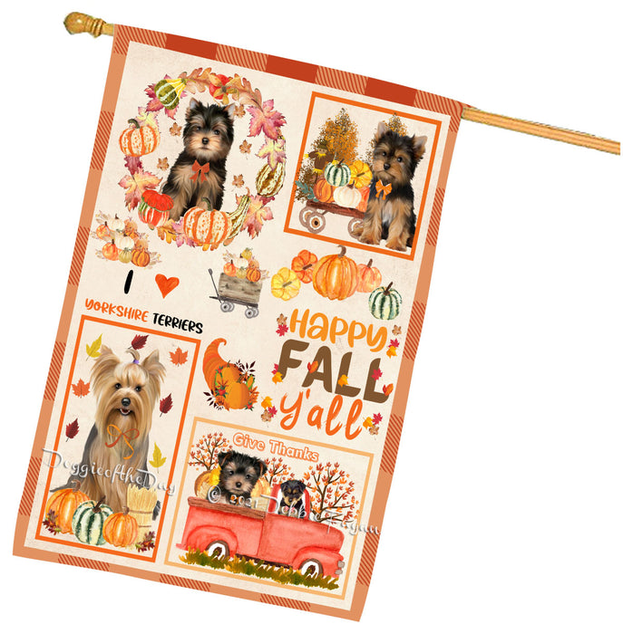 Happy Fall Y'all Pumpkin Yorkshire Terrier Dogs House Flag Outdoor Decorative Double Sided Pet Portrait Weather Resistant Premium Quality Animal Printed Home Decorative Flags 100% Polyester