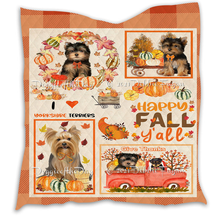 Happy Fall Y'all Pumpkin Yorkshire Terrier Dogs Quilt Bed Coverlet Bedspread - Pets Comforter Unique One-side Animal Printing - Soft Lightweight Durable Washable Polyester Quilt