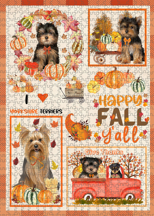 Happy Fall Y'all Pumpkin Yorkshire Terrier Dogs Portrait Jigsaw Puzzle for Adults Animal Interlocking Puzzle Game Unique Gift for Dog Lover's with Metal Tin Box