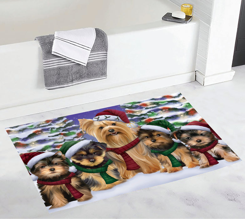 Yorkshire Terrier Dogs Christmas Family Portrait in Holiday Scenic Background Bath Mat