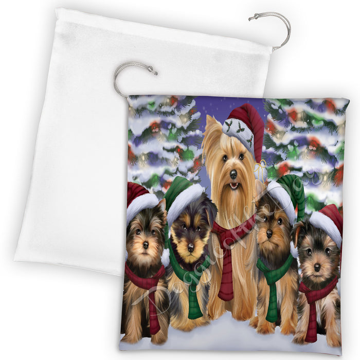 Yorkshire Terrier Dogs Christmas Family Portrait in Holiday Scenic Background Drawstring Laundry or Gift Bag LGB48192