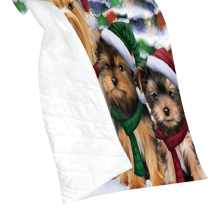 Yorkshire Terrier Dogs Christmas Family Portrait in Holiday Scenic Background Quilt