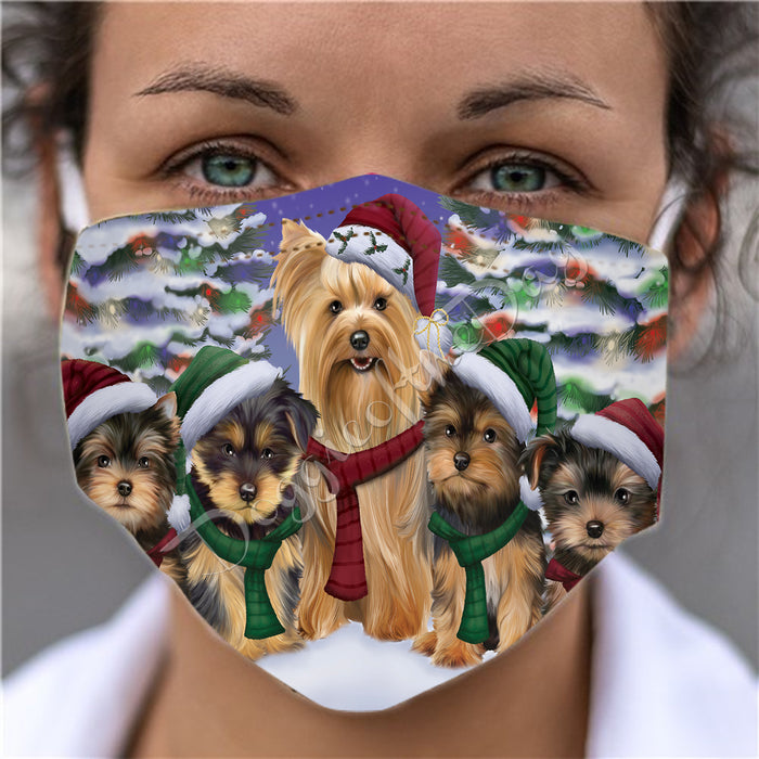 Yorkshire Terrier Dogs Christmas Family Portrait in Holiday Scenic Background Face Mask FM48394