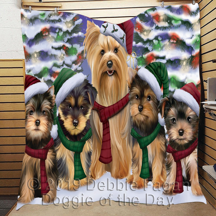 Yorkshire Terrier Dogs Christmas Family Portrait in Holiday Scenic Background Quilt