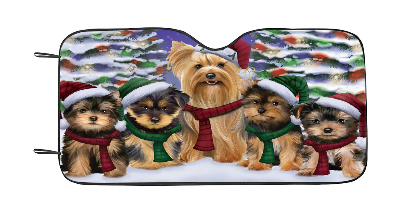 Yorkshire Terrier Dogs Christmas Family Portrait in Holiday Scenic Background Car Sun Shade