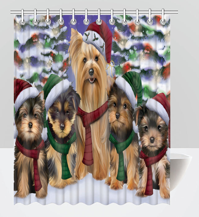 Yorkshire Terrier Dogs Christmas Family Portrait in Holiday Scenic Background Shower Curtain