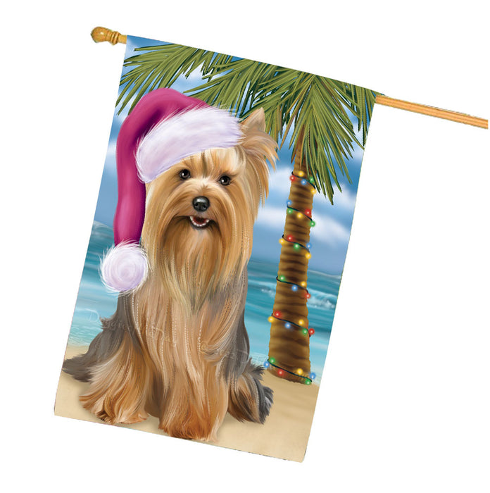 Christmas Summertime Beach Yorkshire Terrier Dog House Flag Outdoor Decorative Double Sided Pet Portrait Weather Resistant Premium Quality Animal Printed Home Decorative Flags 100% Polyester FLG68818