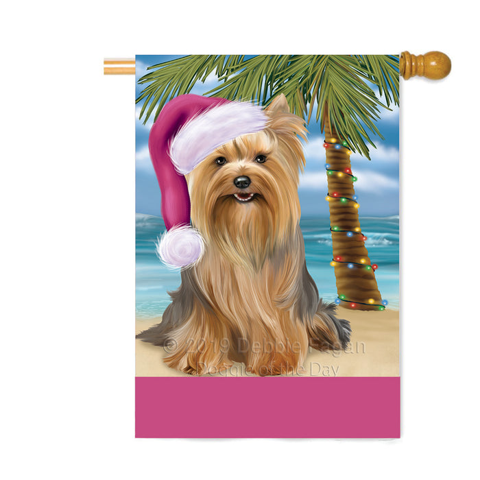 Personalized Summertime Happy Holidays Christmas Yorkshire Terrier Dog on Tropical Island Beach Custom House Flag FLG-DOTD-A60614