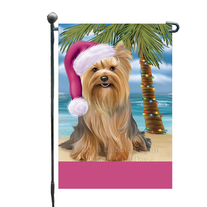 Personalized Summertime Happy Holidays Christmas Yorkshire Terrier Dog on Tropical Island Beach  Custom Garden Flags GFLG-DOTD-A60558