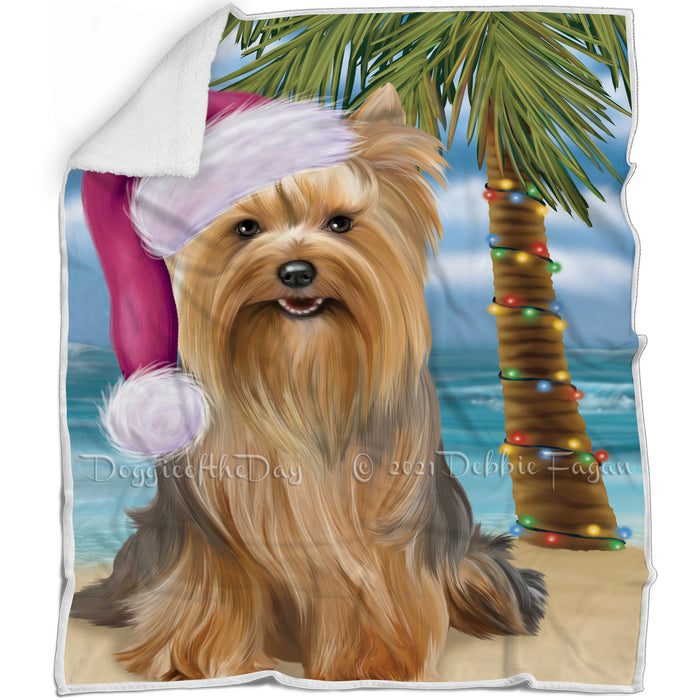 Summertime Happy Holidays Christmas Yorkshire Terriers Dog on Tropical Island Beach Blanket