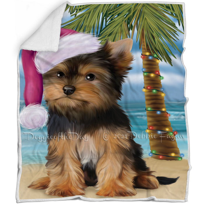 Summertime Happy Holidays Christmas Yorkshire Terriers Dog on Tropical Island Beach Blanket