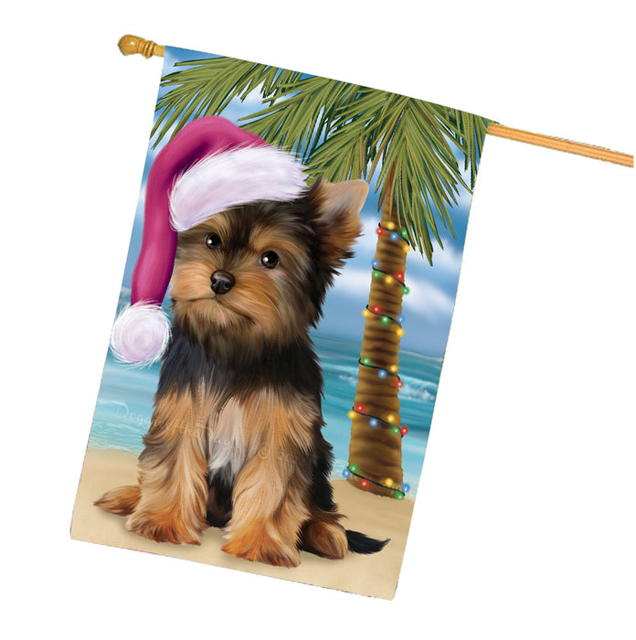 Christmas Summertime Beach Yorkshire Terrier Dog House Flag Outdoor Decorative Double Sided Pet Portrait Weather Resistant Premium Quality Animal Printed Home Decorative Flags 100% Polyester FLG68819