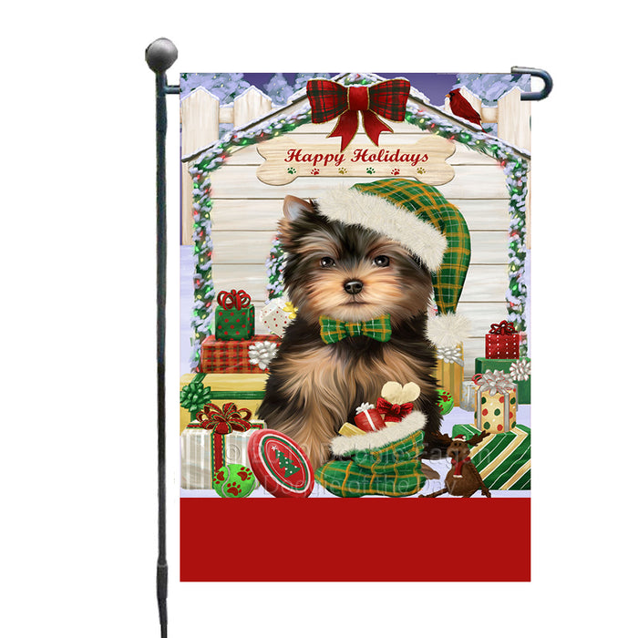 Personalized Happy Holidays Christmas Yorkshire Terrier Dog House with Presents Custom Garden Flags GFLG-DOTD-A59394