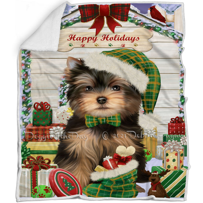 Happy Holidays Christmas Yorkshire Terrier Dog House with Presents Blanket BLNKT80616