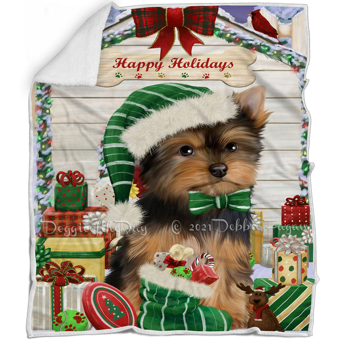 Happy Holidays Christmas Yorkshire Terrier Dog House with Presents Blanket BLNKT80625