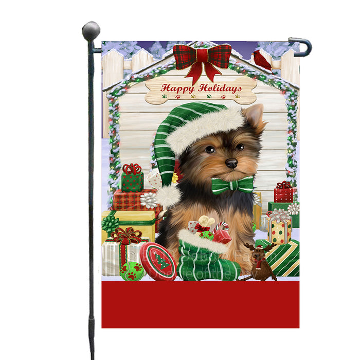 Personalized Happy Holidays Christmas Yorkshire Terrier Dog House with Presents Custom Garden Flags GFLG-DOTD-A59395