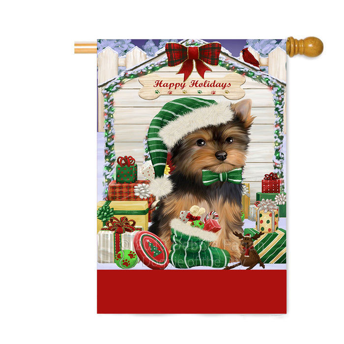 Personalized Happy Holidays Christmas Yorkshire Terrier Dog House with Presents Custom House Flag FLG-DOTD-A59451