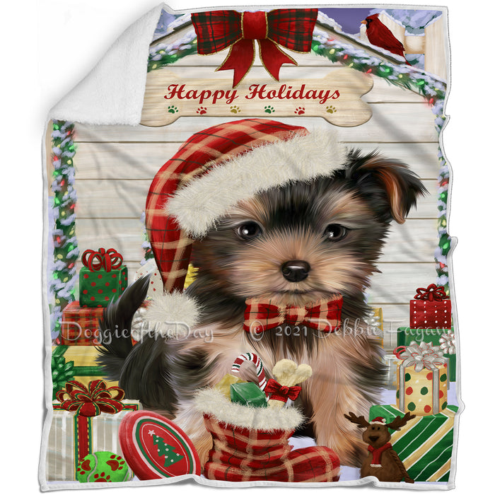 Happy Holidays Christmas Yorkshire Terrier Dog House with Presents Blanket BLNKT80634