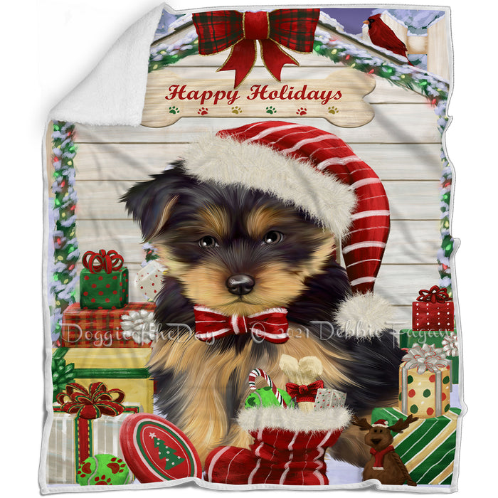 Happy Holidays Christmas Yorkshire Terrier Dog House with Presents Blanket BLNKT80643