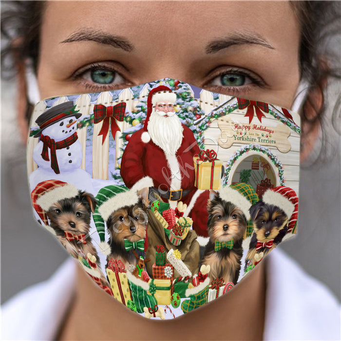 Happy Holidays Christmas Yorkshire Terrier Dogs House Gathering Face Mask FM48299