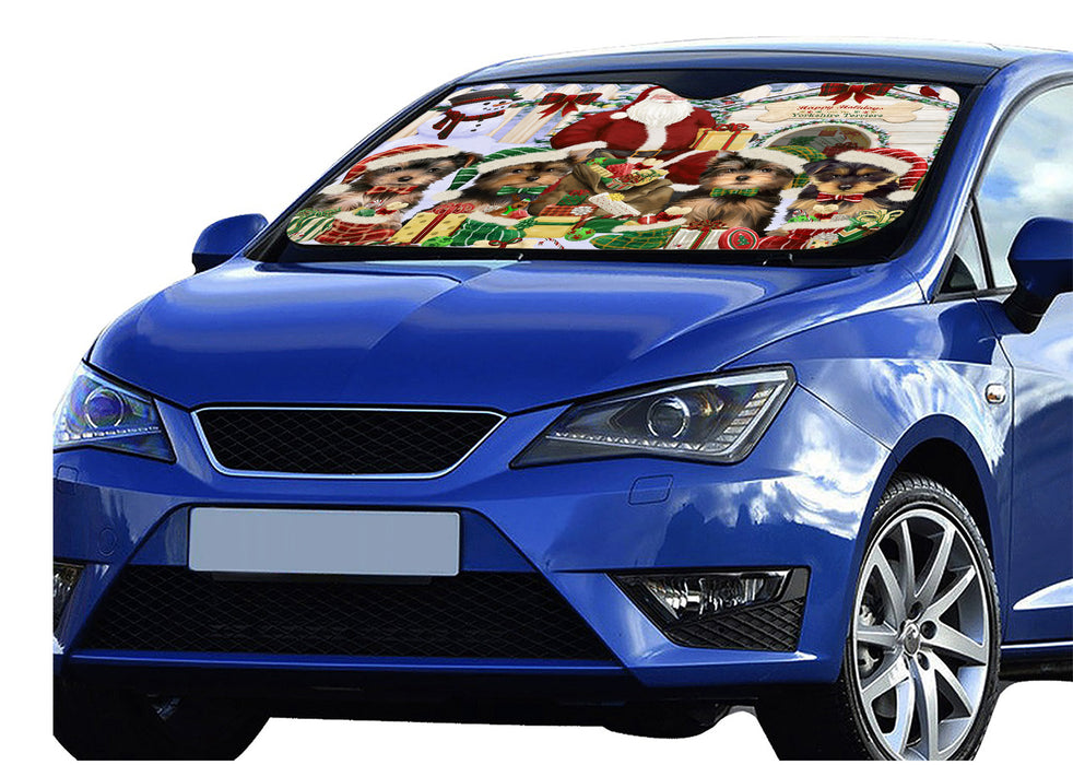 Happy Holidays Christmas Yorkshire Terrier Dogs House Gathering Car Sun Shade