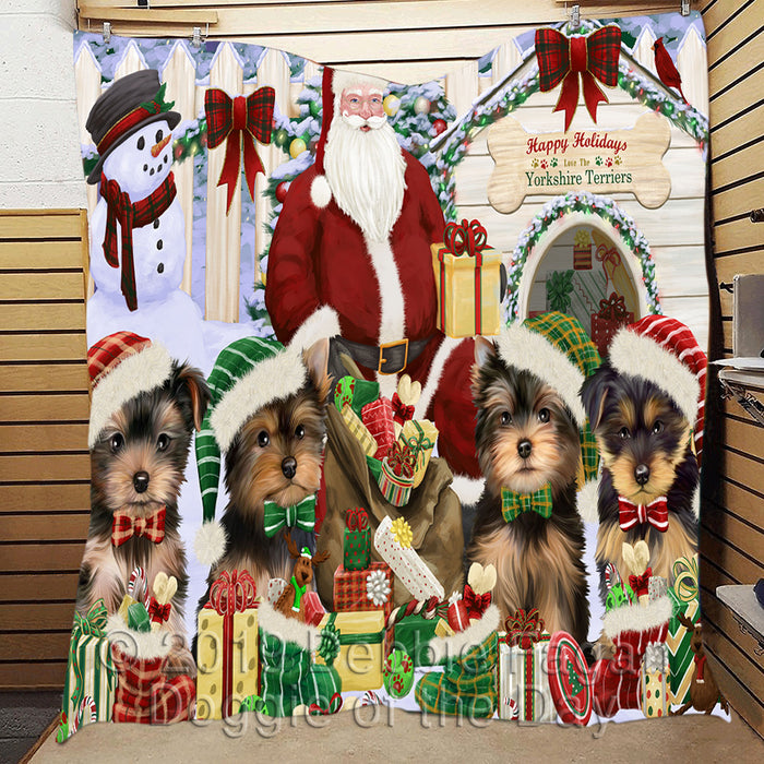 Happy Holidays Christmas Yorkshire Terrier Dogs House Gathering Quilt